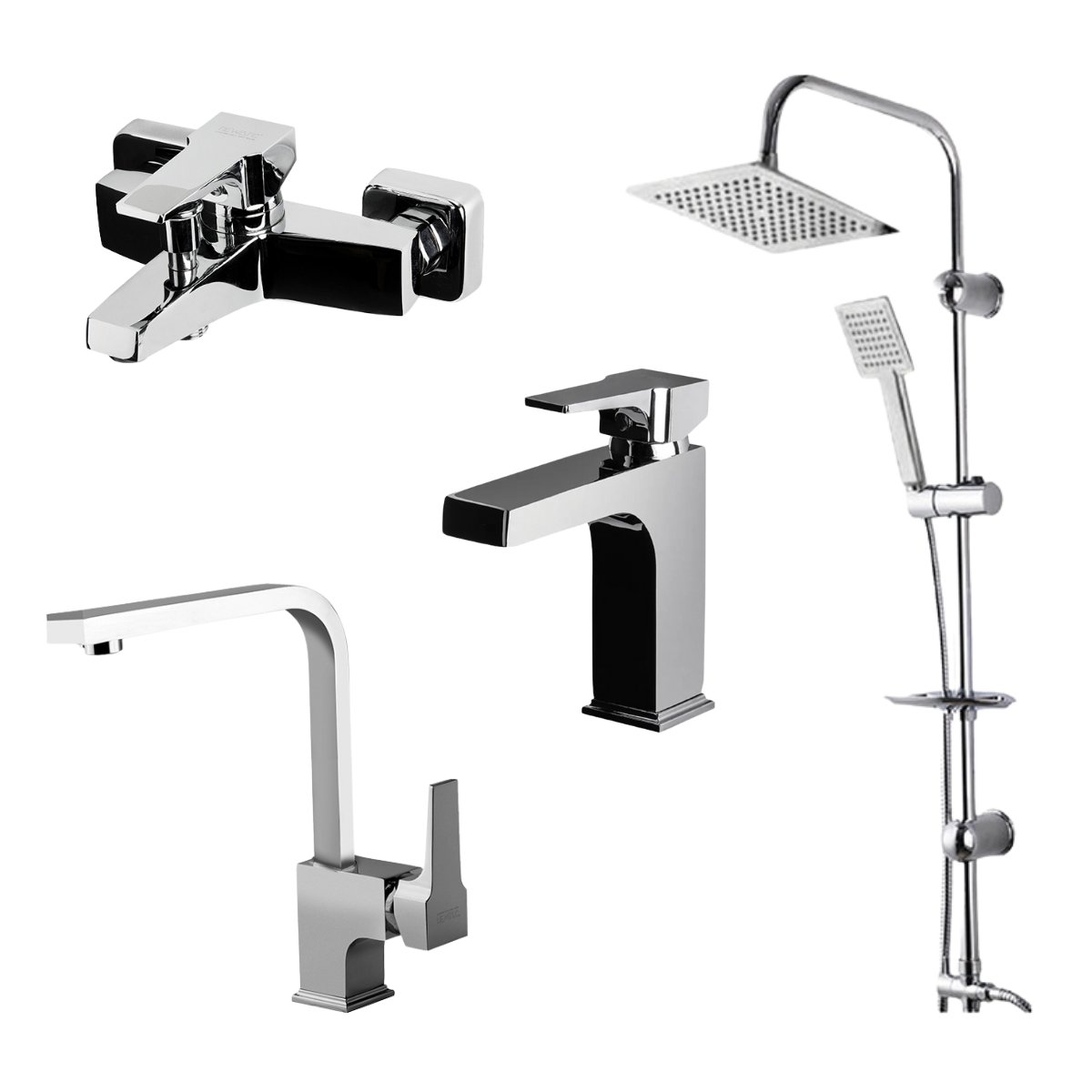 Newarc Aqua Krom 4'lü set Evye ,Lavabo,Banyo Bataryası,Sky Duş Ünitesi 941521-941511-941881L-440453