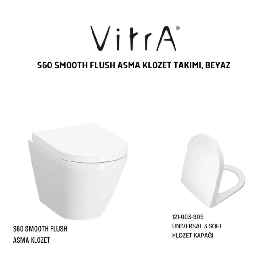 VitrA S60 Smooth Flush Asma Klozet 7510L003-0090, Unıversal 2 Soft Klozet Kapağı 121-003-909