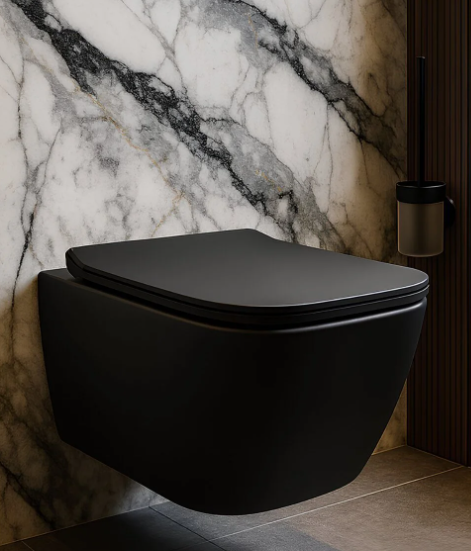 Turavit Luna Kanalsız Mat Siyah Asma Klozet LN5610S, Luna Mat Siyah Duroplast Yavaş Kapak