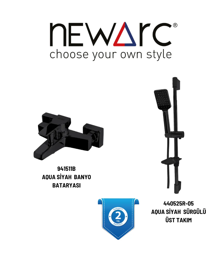 Newarc Aqua Siyah Banyo Bataryası, Sürgülü Üst Takım 941511B,430525R-05 Set 2'li