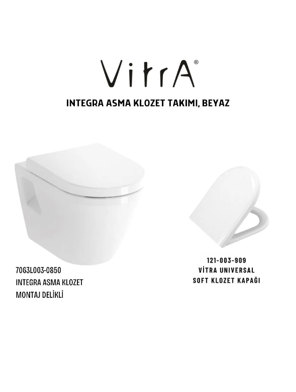 VitrA Integra Asma Klozet Açık Montaj 7063L003-0850, Vitra Unıversal Soft Klozet Kapağı 121-003-909