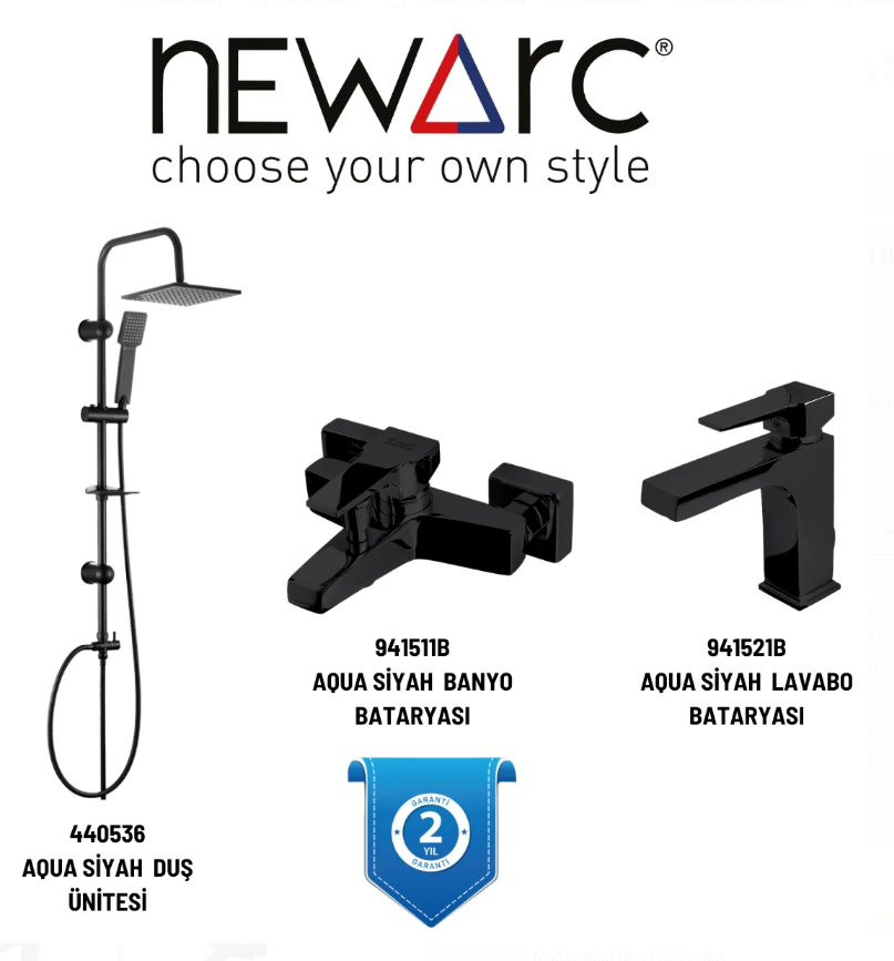 Newarc Aqua Siyah Lavabo,Banyo,Duş seti 3 lü Batarya Set, 440536,941511b,941521b